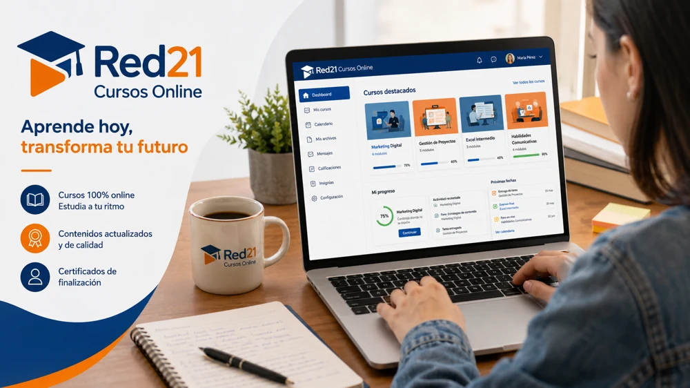 Plataforma Red21 Cursos Online con cursos destacados y alumno aprendiendo