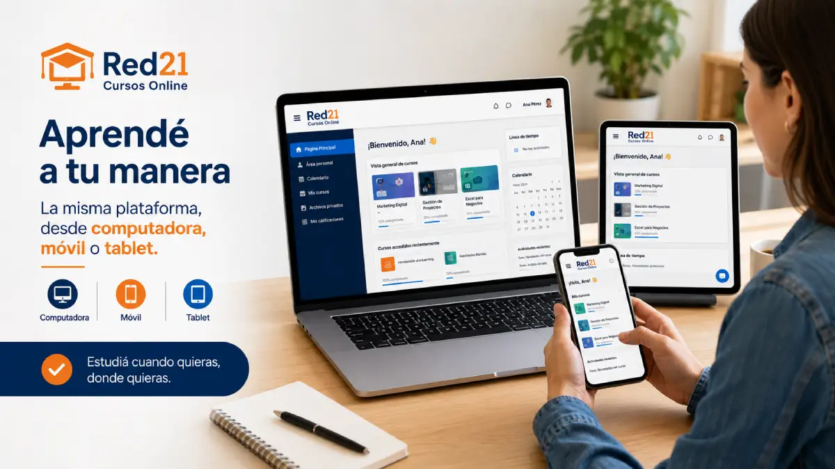 Plataforma Red21 Cursos Online vista desde computadora, móvil y tablet